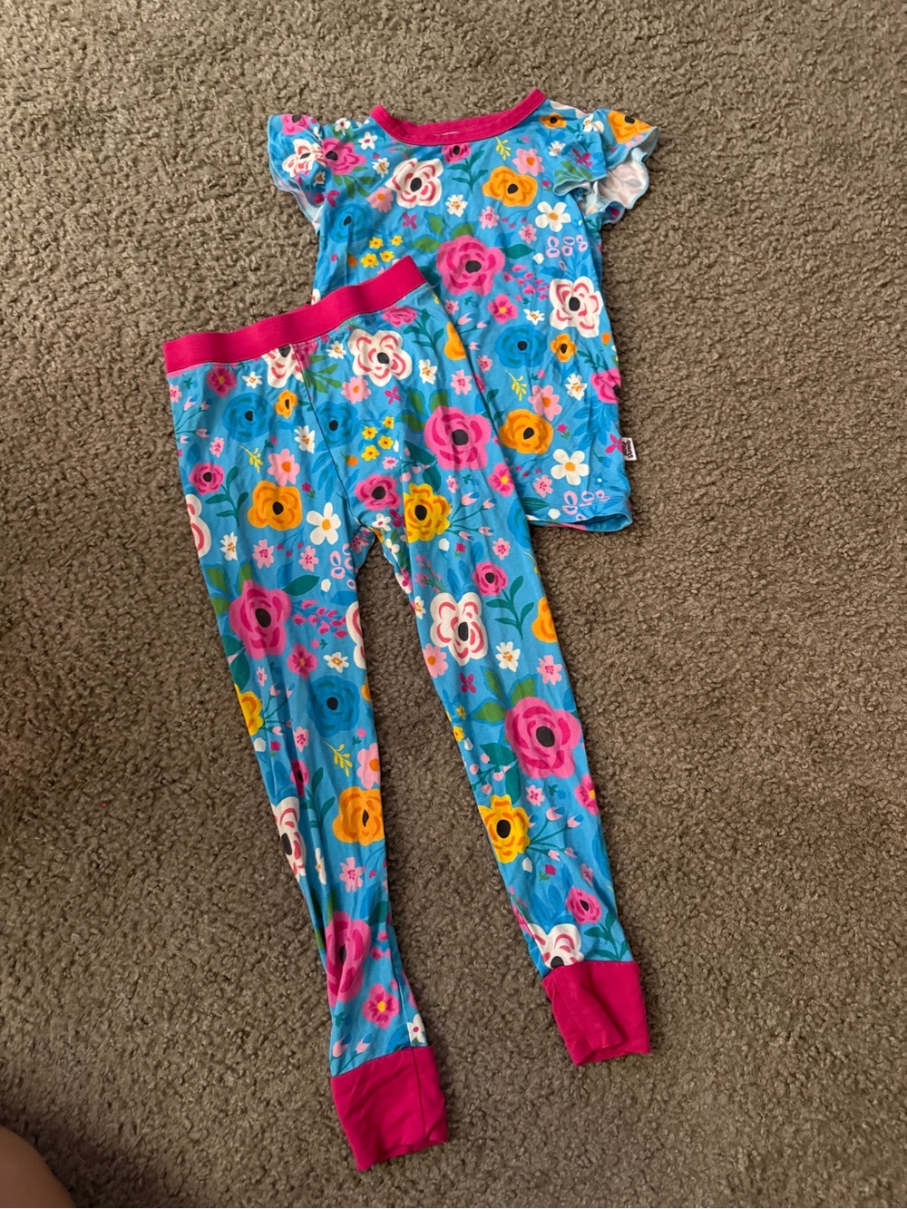 Girls Floral Blue Pink Trim Pajama Set